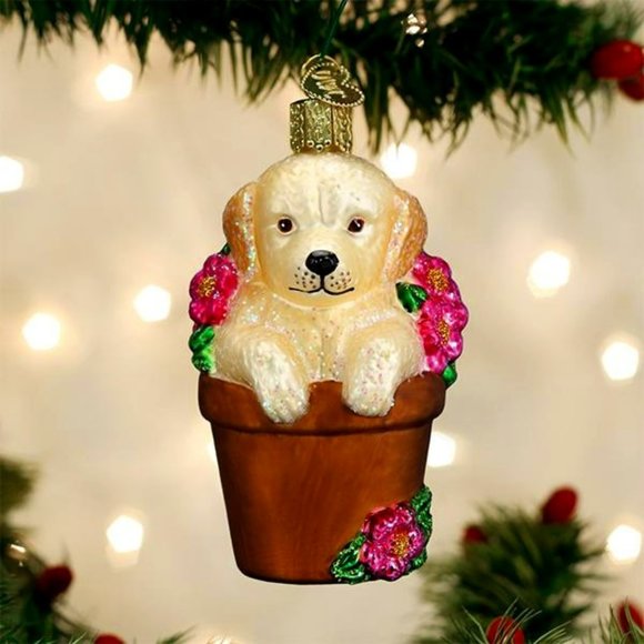 Puppy in Flower Pot Xmas Ornament with Keepsake Box | Old World Christmas | NWT - Picture 1 of 7